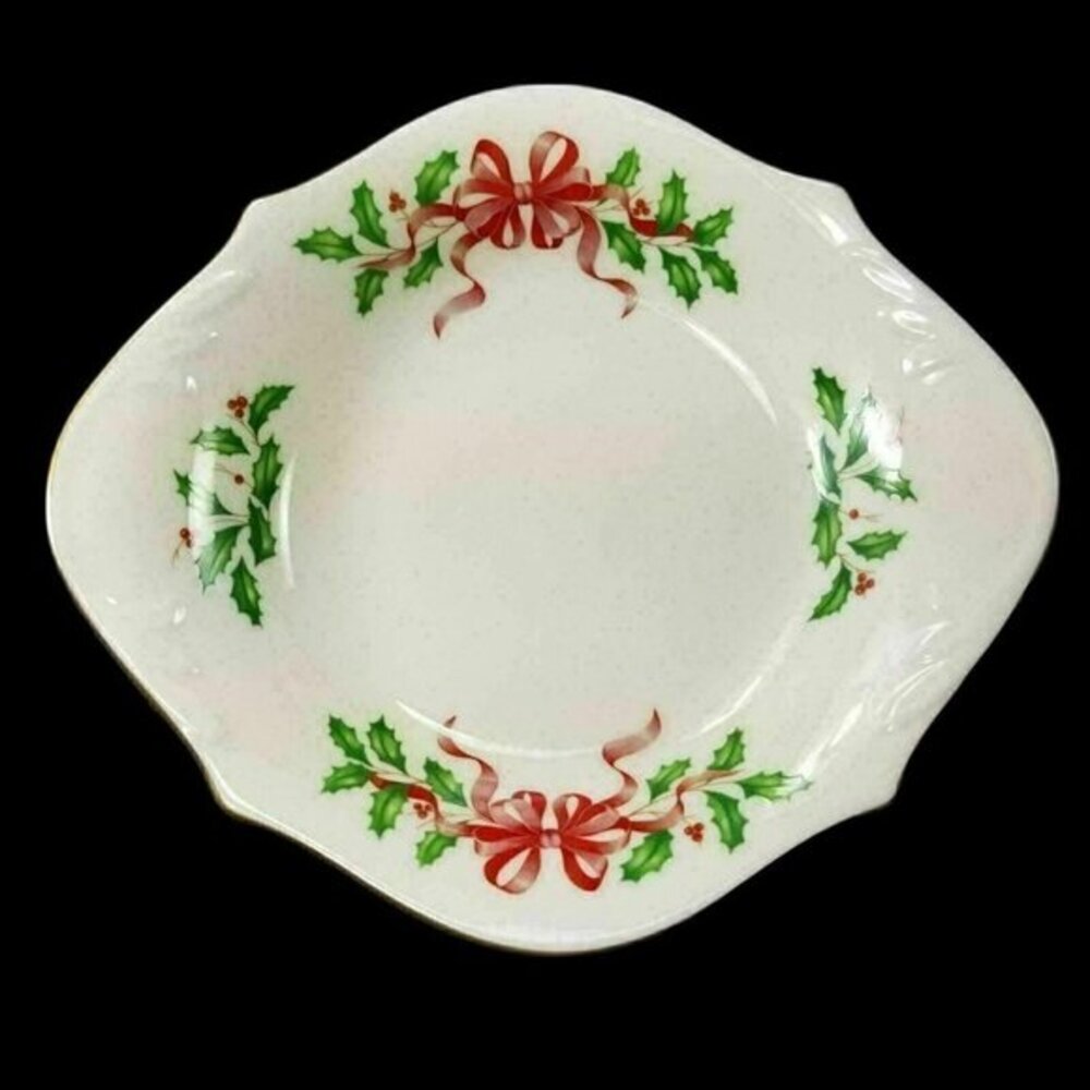 Lenox Holiday Collection Oval Bowl Holly Berries Bow Candy Snack Nut Christmas